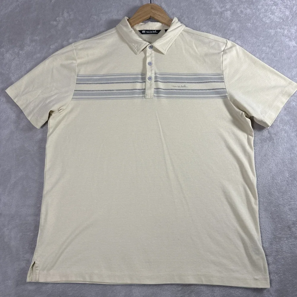 Travis Mathew Polo Shirt Mens X-Large Yellow Gray Stripe Pima Cotton SS Casual